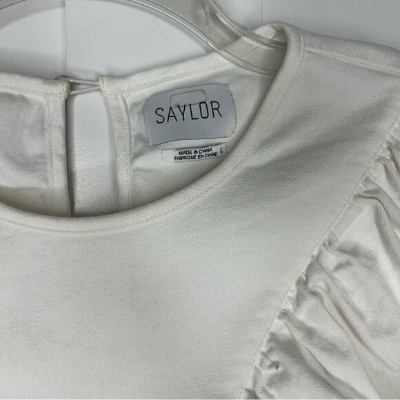 Saylor White Denim Ruffle Front Top Harriette Size Large Nautical Girly - Picture 7 of 8